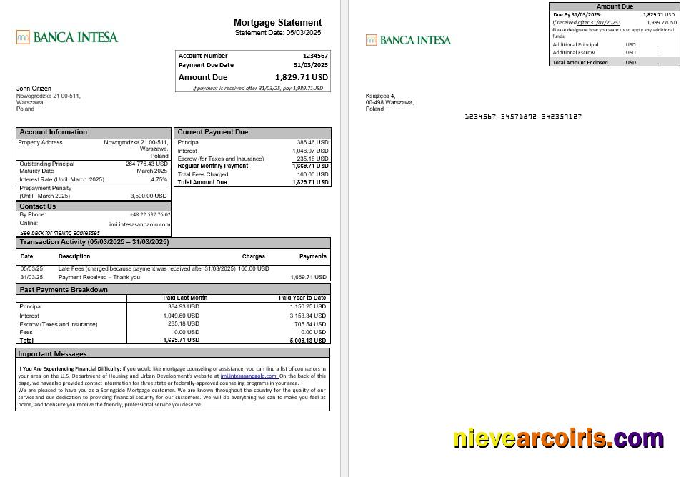 Poland Banca Intesa mortgage statement